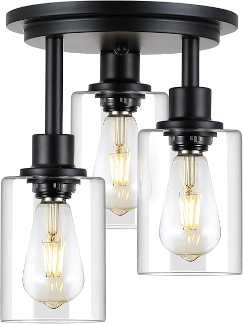 Semi Flush Mount Ceiling Light,3 Lights Clear Glass Shade, Matte Black Finish,Farmhouse Industrial Rustic Ceiling Light Fixture for Hallway Kitchen Island Entryway Bedroom, E26 Socket,11.2?.