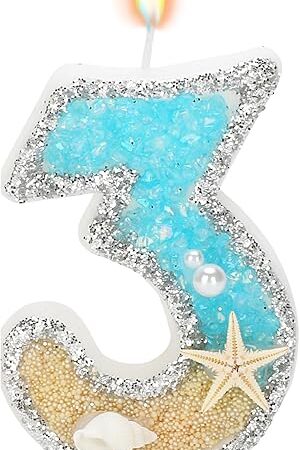 3rd Birthday Candle for Cake, Beach Starfish Sequins Candles, 2.76 inch Cake Topper Decoration for Birthday Party (Number 3)