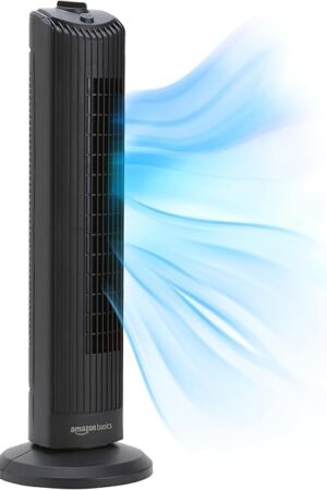 Amazon Basics 28" 60-Degree Oscillating Tower Fan for Bedroom, Living Room, Office, With 3 Speeds, Intuitive Mechanical Control, Black, 35W, 27.8"H x 9.4"D x 9.4"W
