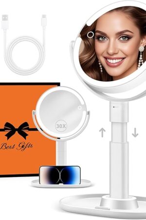B Beauty Planet Makeup Mirror with Lights, Lighted Magnifying Mirror 30X with 3 Lighting and Adjustable Brightness, 2-Sided Height Adjustable Vanity Mirror for Bathroom, Gifts for Women White
