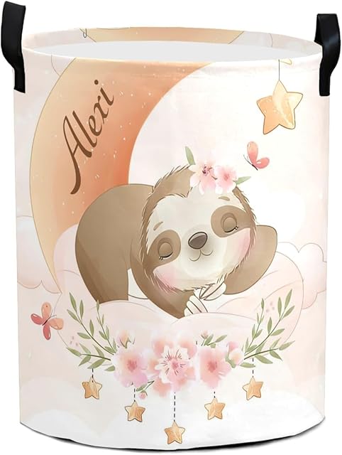 Cute Sloth Floral Laundry Basket Personalized with Name Laundry Hamper with Handle Organizer Storage Bin Bedroom Decor for Boys Girls Adults