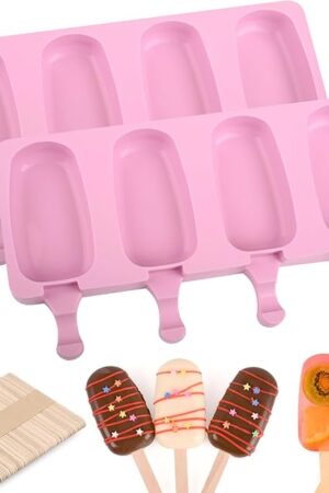 WMKGG Popsicle Silicone Molds Set, 2 PCS Ice Cream Molds with 50 Wooden Sticks for Cake Pop, Ice Pop, Cakesicles (Standard Size/Pink)