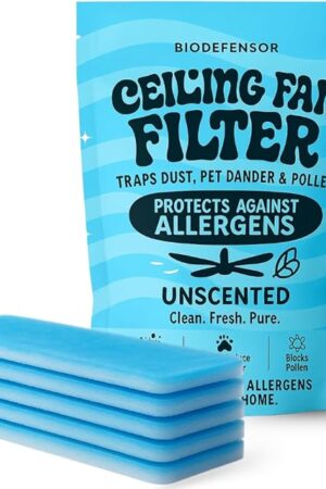 BIODEFENSOR Ceiling Fan Filters for Blades – Dust-Lock Adhesive Traps & Prevents Re-Circulation of Dust, Pet Dander, Pollen, Spores – Perfect for Pet Owners – Easy Peel & Stick, Made in USA (5-Pack)