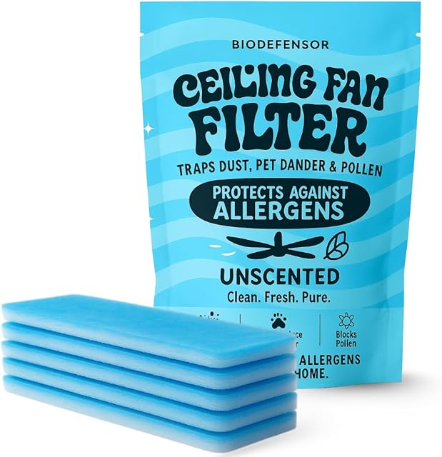 BIODEFENSOR Ceiling Fan Filters for Blades – Dust-Lock Adhesive Traps & Prevents Re-Circulation of Dust, Pet Dander, Pollen, Spores – Perfect for Pet Owners – Easy Peel & Stick, Made in USA (5-Pack)