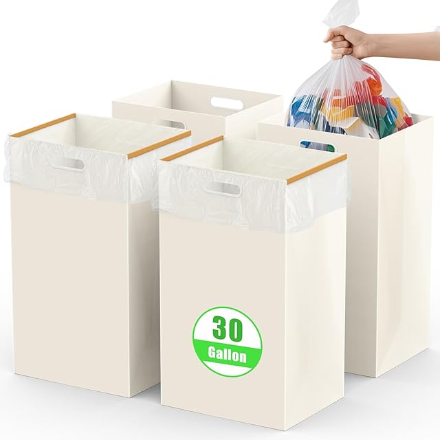 30 Gallon Disposable Trash Cans with Built-in Handles, 4 Pack Extra Large Portable Trash Can, Waterproof Layer Reusable Garbage Can, Recycling Bins, Extra-Thick Recycled Cardboard, Perfect for Parties