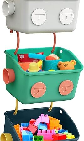 Bath Toy Storage Organizer Basket, 3 Pack Cute Robot Bathtub Shower Toy Organizer, Wall Mounted Hanging Bath Toy Holder with Hooks, for Tub Laundry