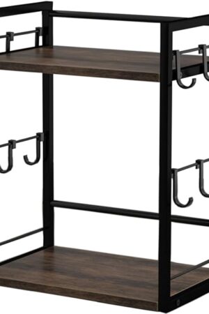 Dorhors 2 Tier Coffee Bar Accessories and Organizer,Multi-functional Mug Holder with 12 Hooks,Wood Coffee Station Organizer,Kitchen Countertop Shelf