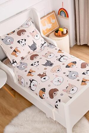 2PCS Soft Fitted Sheet and Pillowcase Set Doggy Printed Puppy Pattern Twin Size