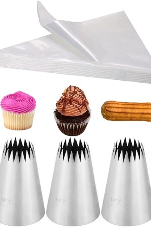 Churro Bags and Tips Set,3 French Star Piping Tips for Eclairs & 20 Disposable Pastry Bags 18 inch
