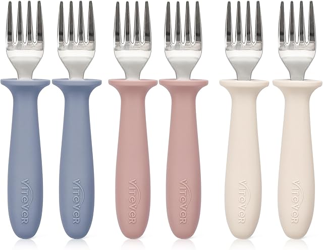 6 Pieces Toddler Forks,Kids Safe Utensils Set with Silicone Round Handle for Self Feeding,18/8 Stainless Steel Baby Forks,Children's Silverware Set BPA Free, Dishwasher Safe