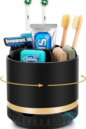 Bathroom Organizer Countertop - Rotating Black Toothbrush Holder for Bathroom Accessories Organization Detachable 6 Slots Bathroom Sink Storage Caddy Vanity Organizer