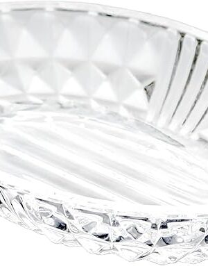 Clear Glass Soap Dish, Oval Bar Soap Holder with Embossed Raised Sides for Bathroom, Sink and Kitchen