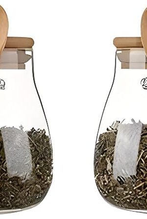 Airtight glass jar storage container with bamboo lid Set of 2, wide mouth, leak-proof, With a spoon, can be used for coffee beans, tea leaves, grains, dried fruits, etc (Small)