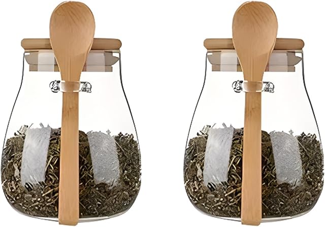 Airtight glass jar storage container with bamboo lid Set of 2, wide mouth, leak-proof, With a spoon, can be used for coffee beans, tea leaves, grains, dried fruits, etc (Small)