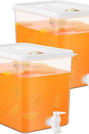 Domensi 2 Pack 2 Gallon Drink Dispenser for Fridge with Spigot Water Dispenser Leak Proof Lids Filter Screen Beverage Juice Container Sealed Plastic Lemonade Milk Cold Hot Drink Tea Jug for Party
