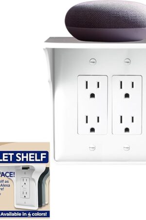 Double Wall Outlet Shelf with Cord Storage Strap – Bathroom Shelf for Electric Toothbrush and Toiletries – Small Wall Shelves for Homepod Mini, Echo Dot Stand – Easy Install, White, 1-Pack
