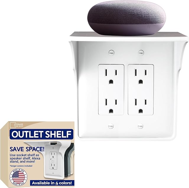 Double Wall Outlet Shelf with Cord Storage Strap – Bathroom Shelf for Electric Toothbrush and Toiletries – Small Wall Shelves for Homepod Mini, Echo Dot Stand – Easy Install, White, 1-Pack
