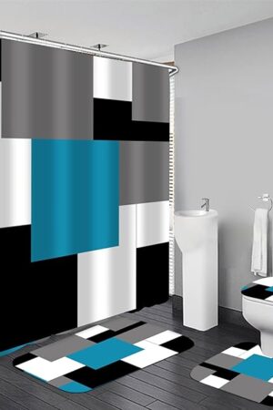 Yizheer Geometric Blue Bathroom Shower Curtain Sets with Non-Slip Rugs,Toilet Lid Cover and Bath Mat, Black and Gray Bathroom Decor Set Accessories Waterproof Shower Curtains