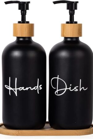 17 oz Hand Soap Dispenser Empty Glass Lotion Pump Bottles, Refillable Liquid Dish Soap Bottles for Bathroom, Kitchen Sink, Black, 2 Pack