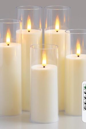 Acrylic Flameless Flickering Candles with Remote Control and Timer, Battery Operated LED Fake 2.2" x 5",6",7",8",8" Plastic Pillar Candles for Home Decor(Long-Lasting, Ivory)