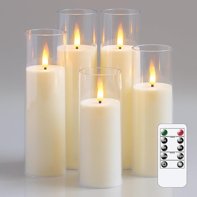 Acrylic Flameless Flickering Candles with Remote Control and Timer, Battery Operated LED Fake 2.2" x 5",6",7",8",8" Plastic Pillar Candles for Home Decor(Long-Lasting, Ivory)