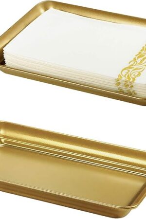 Vintage Farmhouse Decor Metal Vanity Tray(2 Pack),Countertop Guest Hand Towel Storage Organizer Tray Dispenser, Sturdy Holder for Perfume,Cosmetics, Jewelry, Makeup Bathroom Organizer（Gold）