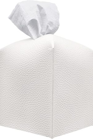 Carrotez Tissue Box Cover, Refined Modern PU Leather Square Holder - Decorative Holder/Organizer for Bathroom Vanity Countertop, Night Stands, Office Desk & Car 5"X5"X5" White