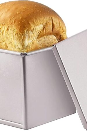 CHEFMADE Mini Pullman Loaf Pan with Lid, 0.55Lb Dough Capacity Non-Stick Rectangle Flat Toast Box for Oven Baking 3.9" x 3.9"x 3.9"(Champagne Gold)