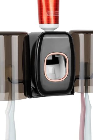 4 Slots Wall Mount Toothbrush Holder with Cover, Self Adhesive Toothbrush Storage Organizer for Shower, Toothbrush Hanger with 2 mouthwash Cups for Bathroom, Medicine Cabinet, Dorm (Black)