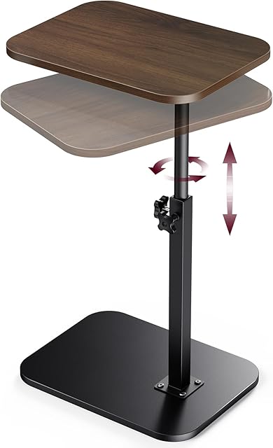 End Table C-Shaped Adjustable Pedestal Side Table Night Stand with 360° Rotating Top, Height Adjustable, Small Couch Living Room or Bedroom Versatile End Table for Sofa or Bedside, Rustic Brown