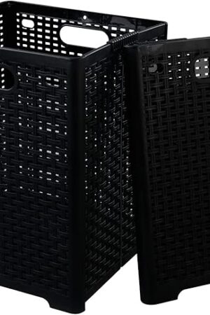 42 L Plastic Storage Basket, Folding Laundry Hamper, Black, 2 Packs