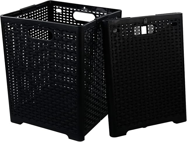 42 L Plastic Storage Basket, Folding Laundry Hamper, Black, 2 Packs