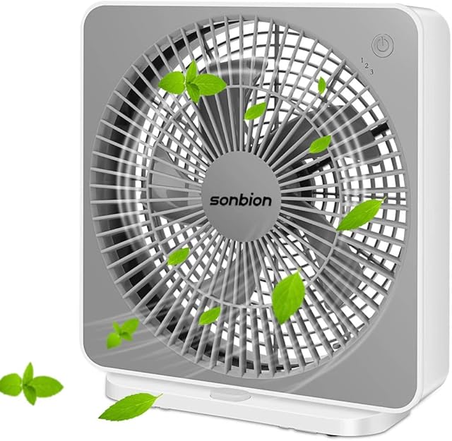 Small Box Fan, 10 inch Window Fan with 3 Speeds Strong Airflow, DC Adapter Square Table Fan for Bedroom Living Room Office Apartment, Quiet and Lightweight, 5ft Power Cord