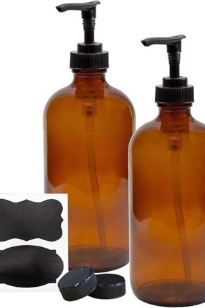 Cornucopia Brands 16oz Amber Glass Bottles w/ Pump Dispensers (2-Pack); Refillable Lotion Liquid Soap Pump Brown Bottles Labels, BPA-Free Plastic Tops