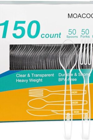 150 Pcs Clear Plastic Silverware, Heavy Weight Plastic Forks Spoons Knives Disposable Utensils Cutlery Set for Wedding Party Supplies Everyday Use