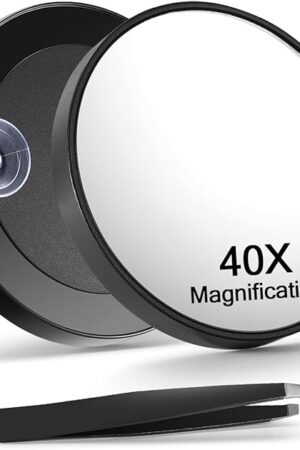 40X Magnifying Mirror with 2 Suction Cups, 3.5 inches Magnified Makeup Mirror and Slant Tweezers,Black,1PC