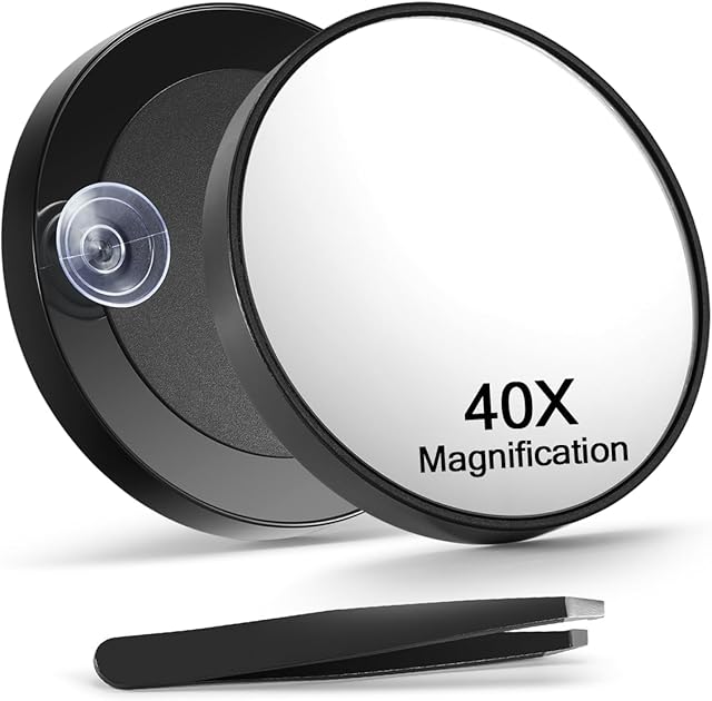 40X Magnifying Mirror with 2 Suction Cups, 3.5 inches Magnified Makeup Mirror and Slant Tweezers,Black,1PC