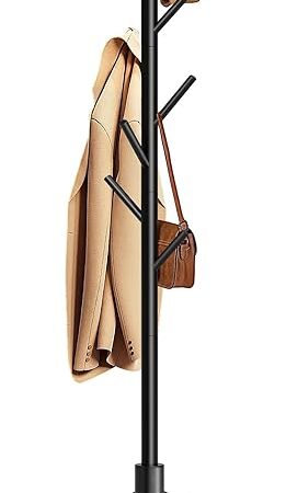 Wooden Coat Rack, Free Standing Coat Rack with 8 Hooks 3 Adjustable Heights for Clothes, Hats, Handbags, Coat Tree Easy Assembly for Entryway, Bedroom, Hallway, Office (New Black)