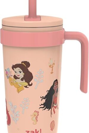 Zak Designs Disney Princess Fairway Travel Tumbler for Home or On the Go, 18oz Stainless Steel with Vacuum Insulation, Spillproof Straw, and Handle (Ariel, Belle, Cinderella, Jasmine, Moana, Tiana)