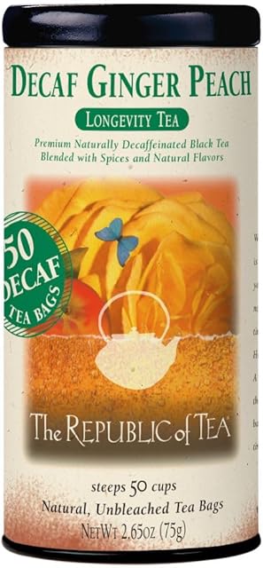 The Republic of Tea Decaf Ginger Peach Black Tea, Tin of 50 Bags