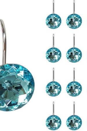 12 Pcs Bling Rhinestones Shower Curtain Hooks Bathroom Rolling Hooks