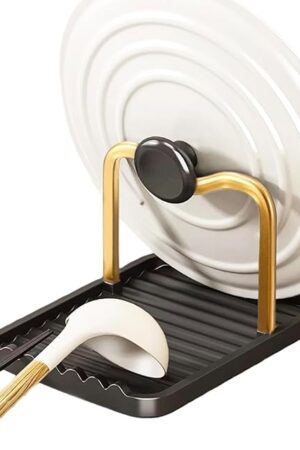Anti-Rust Metal Spoon Rest with Lid Holder, Heat-Resistant Pot Lid Rest, Multifunctional Spatula Holder While Cooking for Stovetop and Kitchen Counter – Black Gold