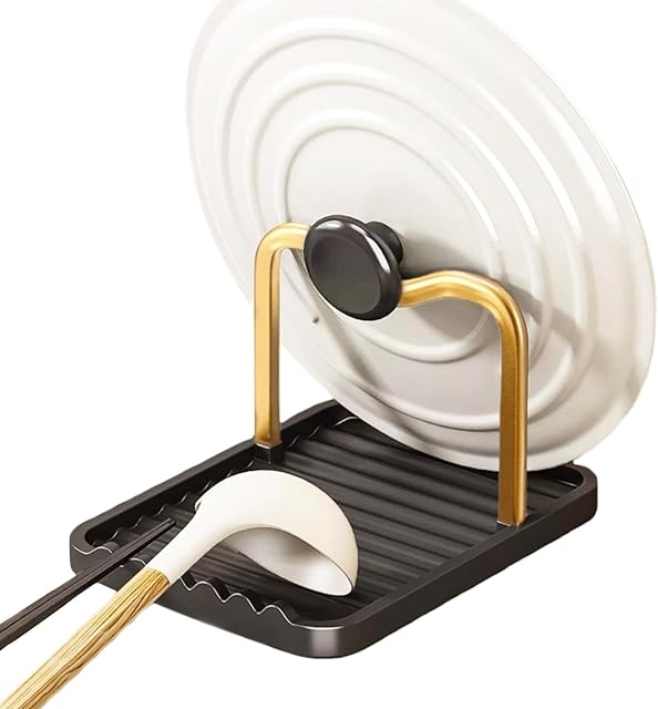 Anti-Rust Metal Spoon Rest with Lid Holder, Heat-Resistant Pot Lid Rest, Multifunctional Spatula Holder While Cooking for Stovetop and Kitchen Counter – Black Gold
