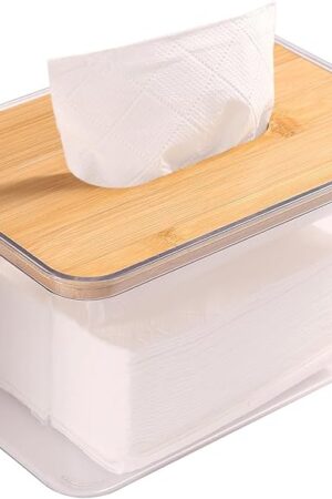 Acrylic Tissue Box Cover, Bamboo Dryer Sheet Holder, Wooden Rectangular Dryer Sheet Dispenser for Storage on Bathroom Vanity, Countertop, Bedroom Dresser