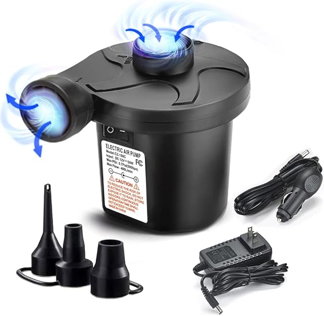 Electric Air Pump, Portable Quick-Fill Air Mattress Pumps for Inflatable Cushions with 3 Nozzles, 110V AC/12V DC, Inflator/Deflator for Outdoor Camping, Air Sofa, Boats, Pool Toys, Pool Floats, Airbed