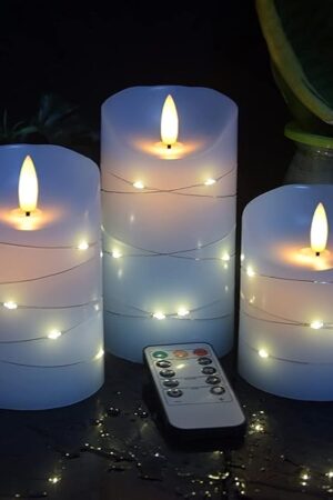 danip Sky Blue LED Flameless Candle, with Embedded Star String, 3-Piece Set of LED Candles, with 11 Button Remote Control, 24-Hour Timer Function, Dancing Flames, Real Wax, Battery Powered.