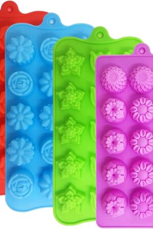 4 PACK Flower Shape Chocolate Candy Molds Set,DanziX Silicone 15 Cavity Baking Mold Ice Cube Tray for Wedding,Festival,Parties and DIY Crafts-Green,Blue,Red and Purple