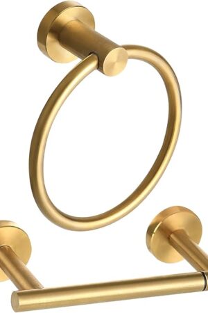 Brushed Gold Toilet Paper Holder Set, Stainless Steel Towel Ring, Double Post Pivoting Toilet Paper Holder and Hand Towel Holder Set for Bathroom