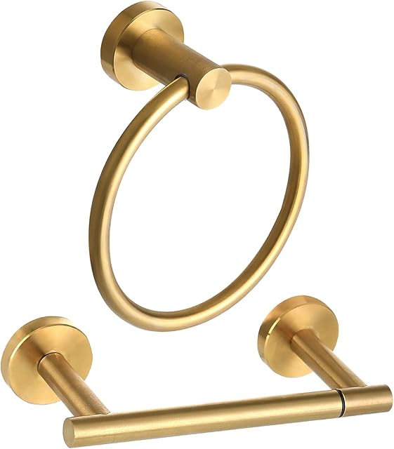 Brushed Gold Toilet Paper Holder Set, Stainless Steel Towel Ring, Double Post Pivoting Toilet Paper Holder and Hand Towel Holder Set for Bathroom