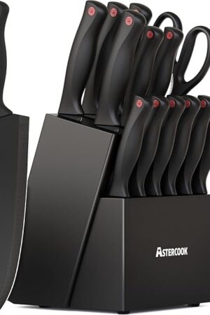 Astercook 15 Piece Knife Set with Sharpener Block - German Stainless Steel, Dishwasher Safe Kitchen Knives with Built-In Sharpener, Black